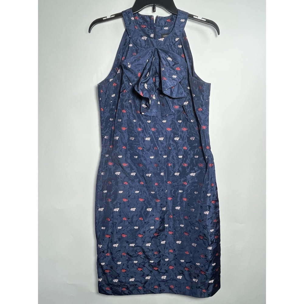 BANANA REPUBLIC Pleated Bow Shift Dress‎ Size 6 Navy Blue, pink, red embroidery